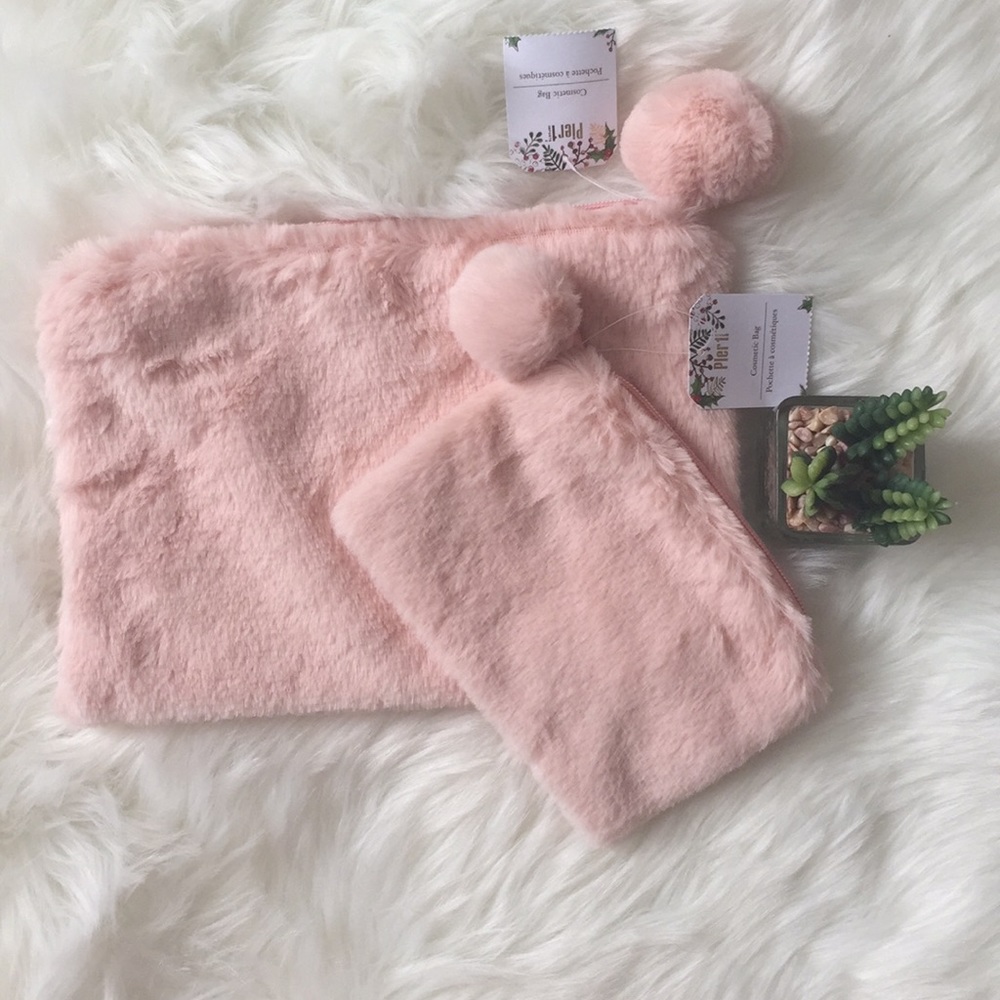 NWT Pier 1 faux fur cosmetic bag set